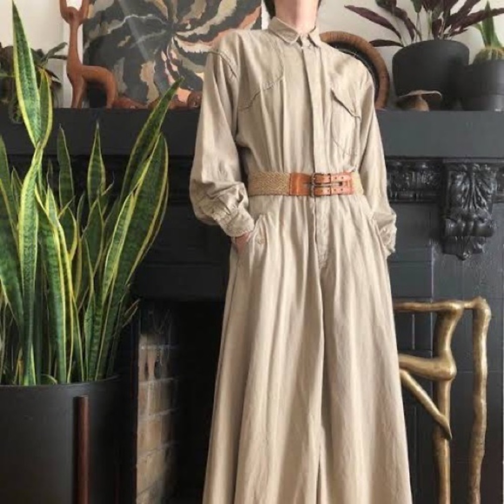 RALPH LAUREN khaki cotton beige tan mide classic dress vintage